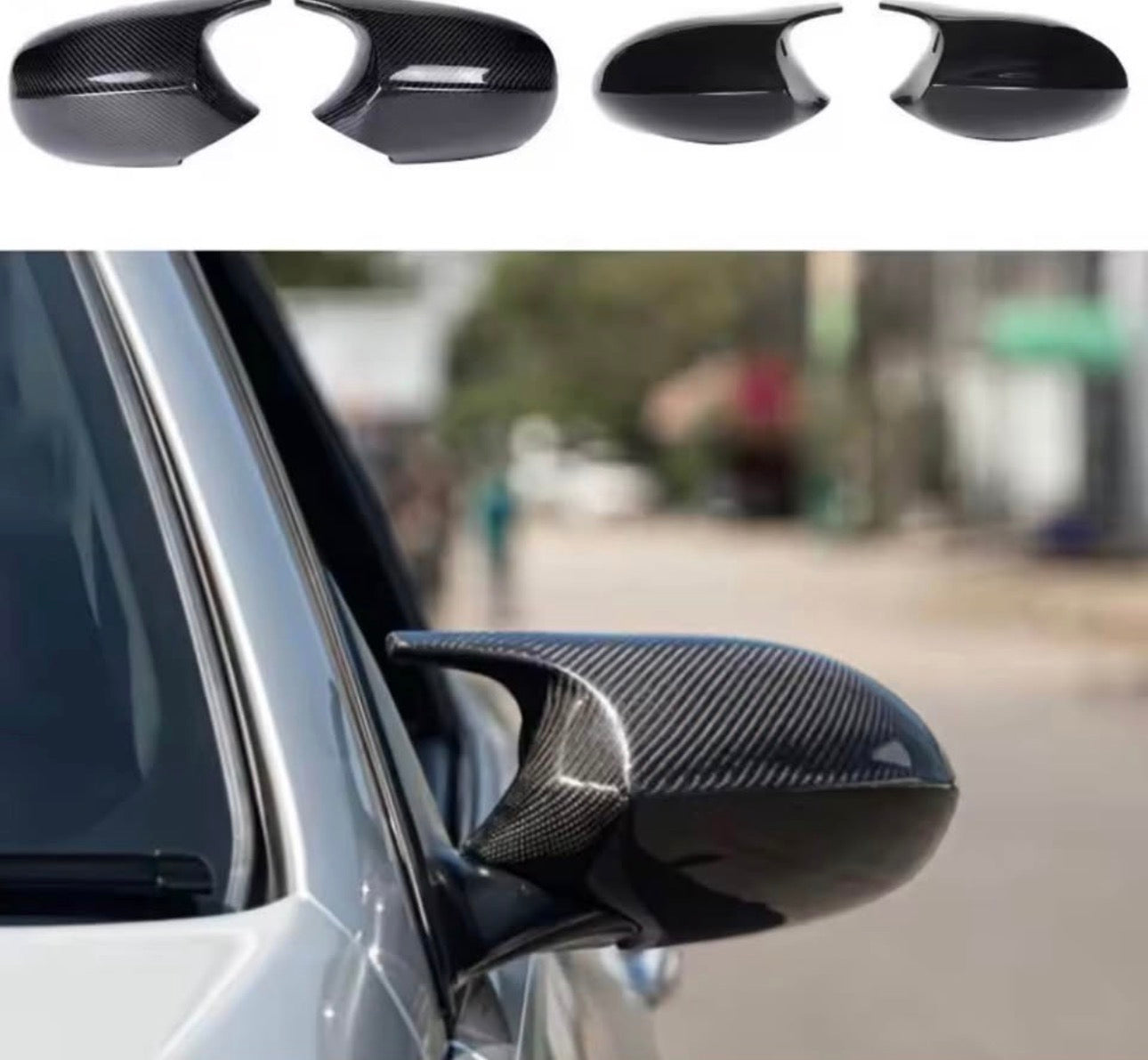 BMW E9X M-Style Replacement Mirror Caps – Gloss Black / Carbon Pattern / Forged Carbon – Pair