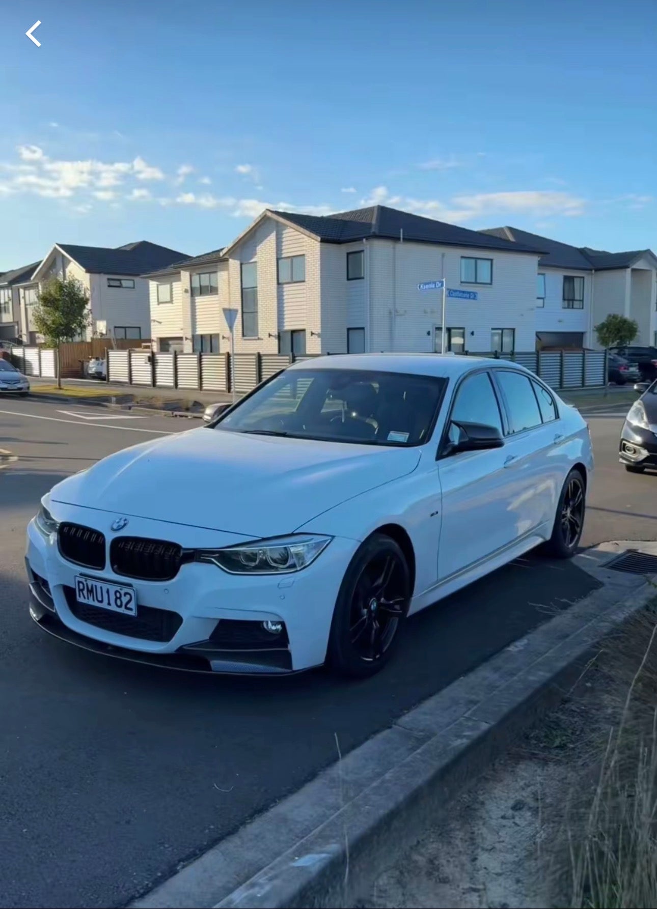 White BMW F30 three-quarter view after front styling upgrade photographed for Apex Euro Styling